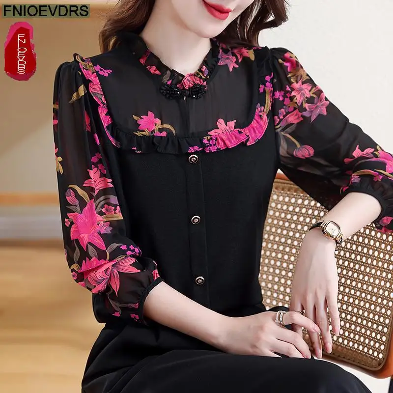 Retro Vintage Ruffles Tops New Design Women Autumn 2024 Fashion Office Lady Elegant Purple Button Basic Shirts Blouses