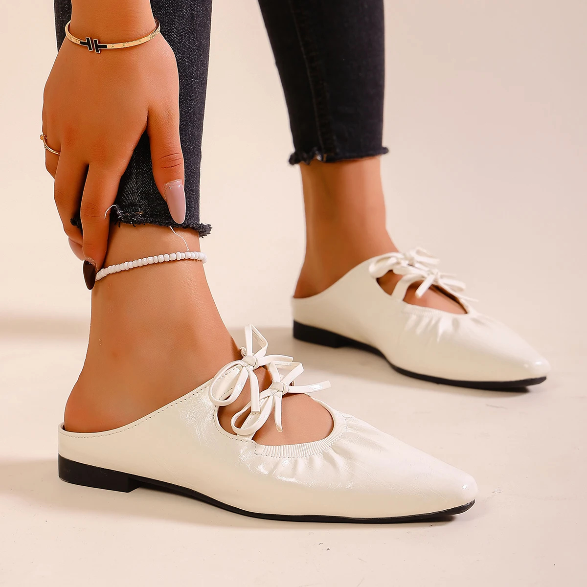 حذاء نسائي مريح متعدد الاستخدامات بفيونكة مدببة وقدم واحدة نصف قابل للانزلاق #5