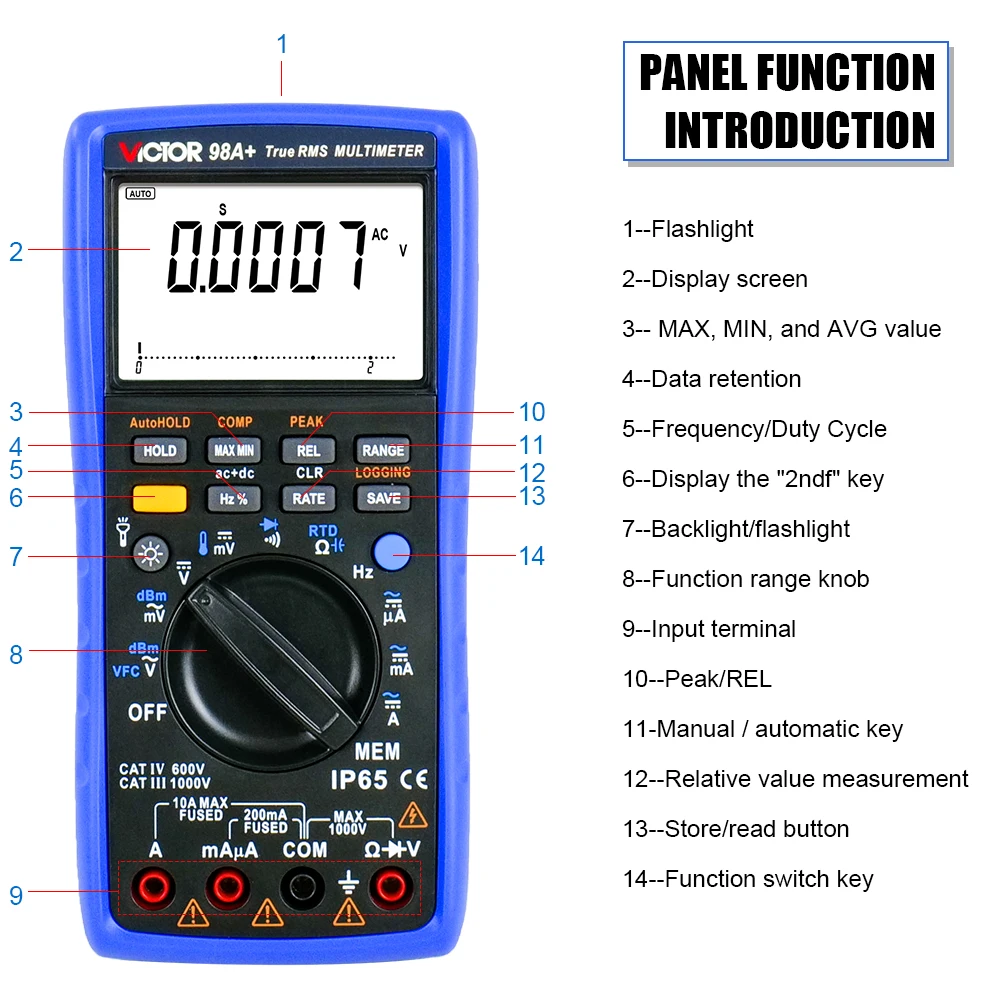 Victor 98A Multimeter TRUE RMS 22000 Counts RTD PT100 Thermocouple Tester LCD Backlight Portable USB AC/DC Ammeter Ohm Voltmeter