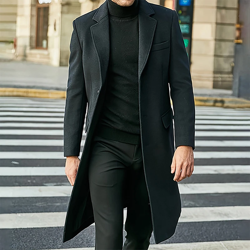 Mens Winter Long Wool Coat Solid Color Long Sleeve Lapel Single Breasted  Fit Windbreaker Overcoat