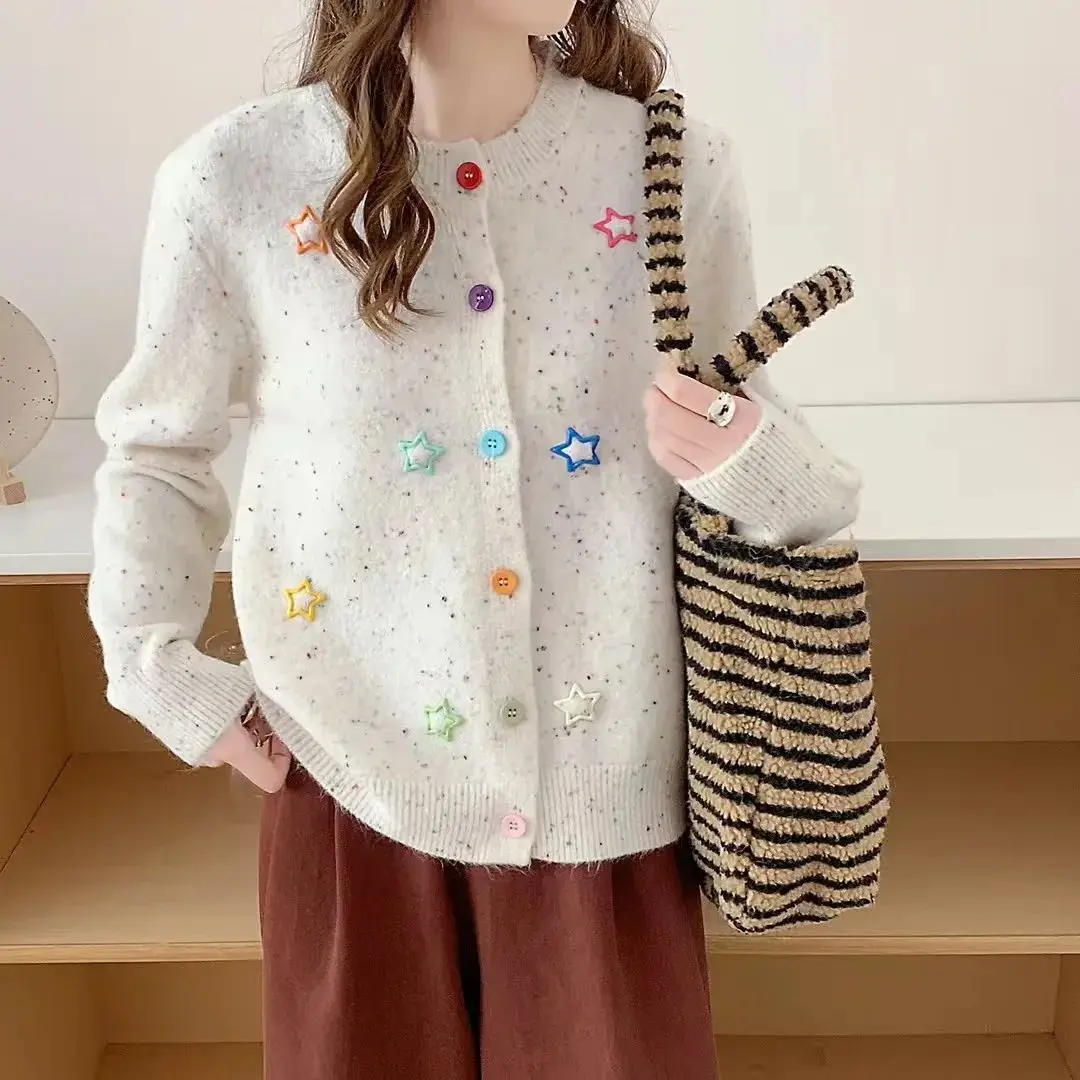 Candy colored five pointed star sweater jacket women 2024 Autumn Winter mohair top soft and sticky color dot knitted cardigan