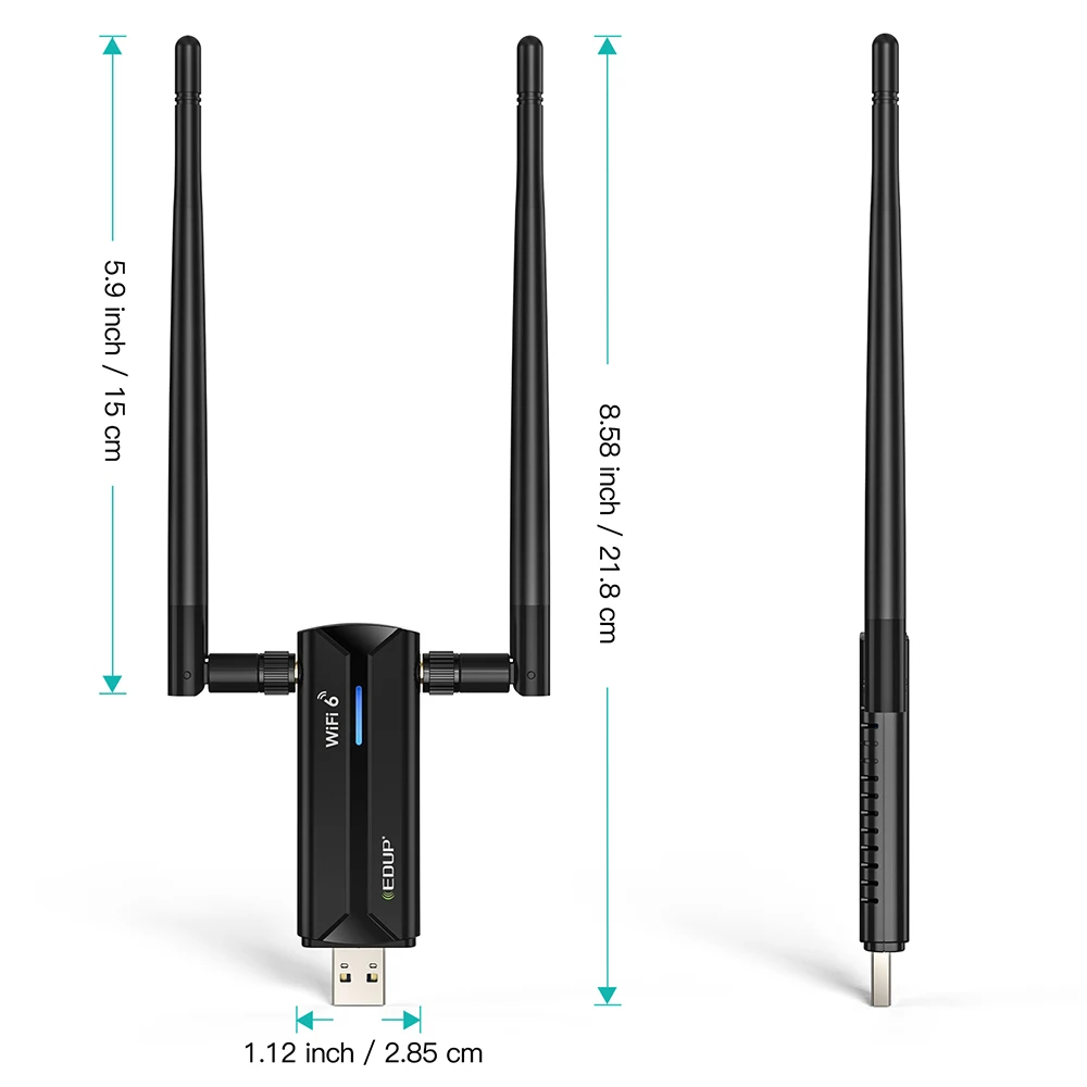 EDUP 프리 드라이버 무선 네트워크 카드, AX5400 와이파이 6E 어댑터, USB3.0 동글, 고이득 안테나, 트라이 밴드 2.4G, 5G, 6GHz 와이파이