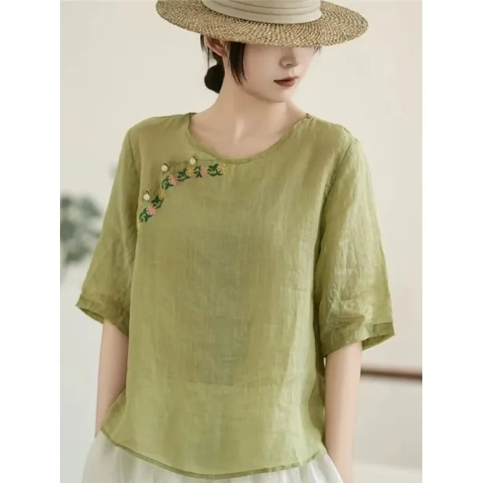 

Элегантная женская футболка с вышивкой, приталенного кроя, с диагональными рукавами, дышащая, комфортная, летняя новинка