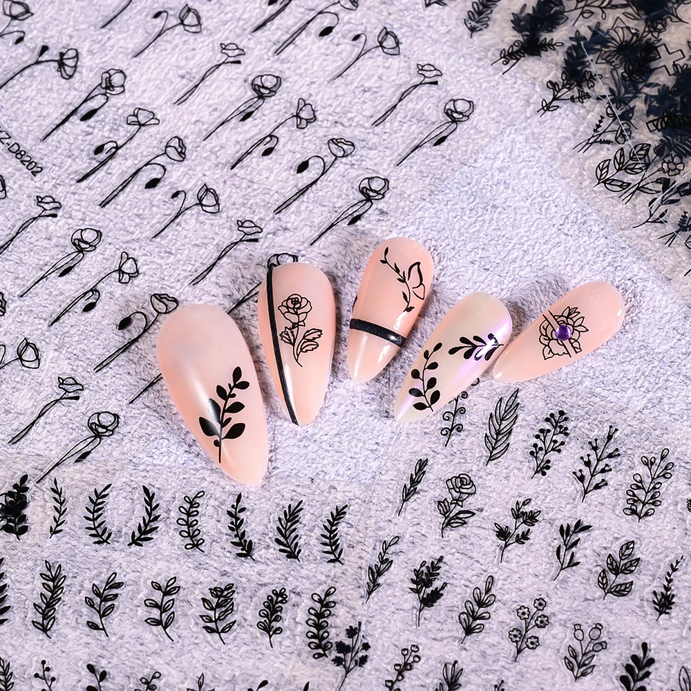 Autocollants floraux noirs pour Nail Art, 12 pièces, feuilles d'herbe de palmier et dessins floraux, décalcomanies pour Nail Art, motifs de fleurs rétro élégants, fournitures pour ongles