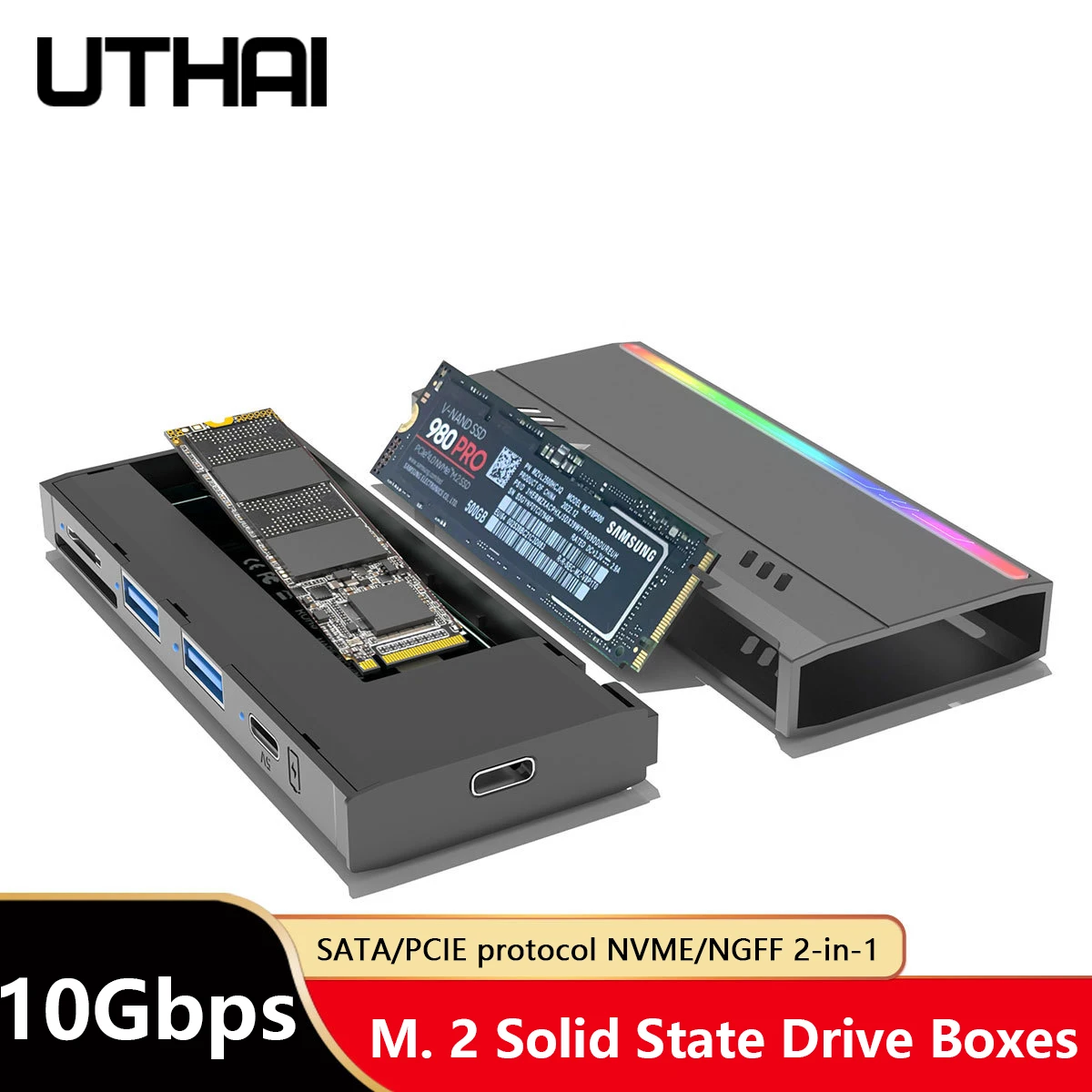 Multi-Functional M.2 Solid State Drive Box NVMe/NGFF Hard Drive Hub TF/SD Card Reader for Storage Expansion