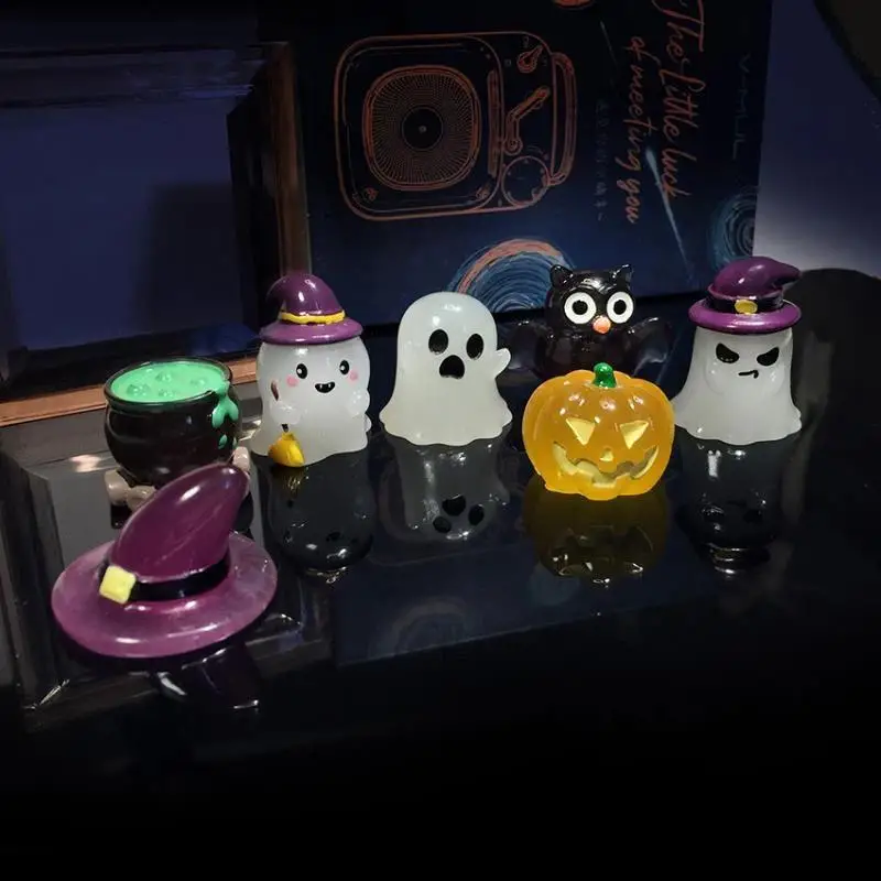 Set Mini Cute Funny Luminous Glow Witch Ghost Pumpkin Micro Landscape Ornament Figurine Halloween Home Desk Room Garden Decor