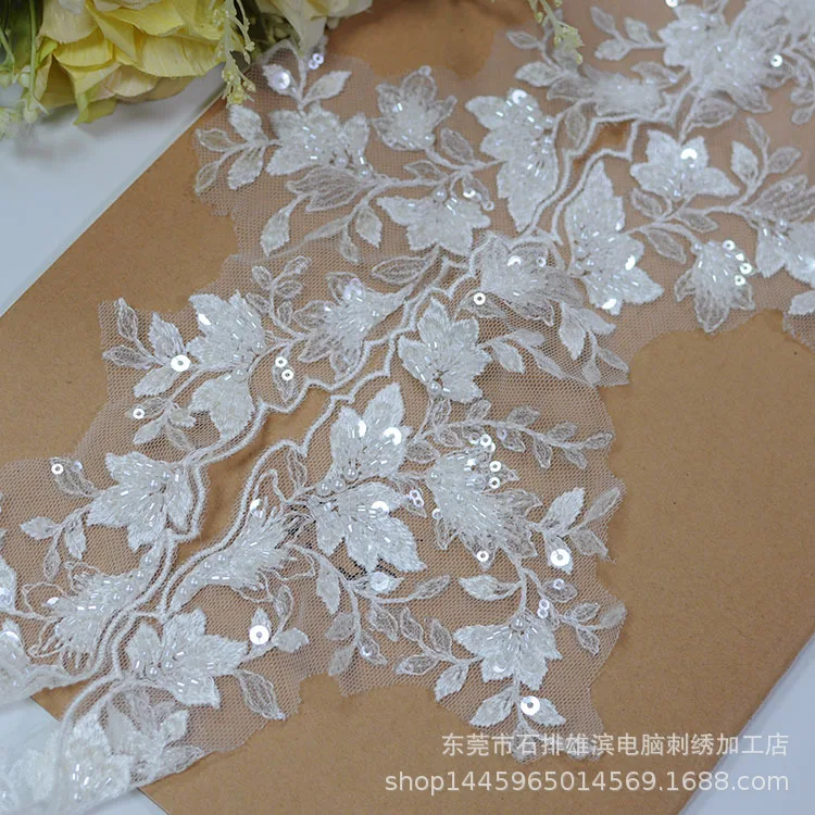 3Yards 11cm wide Beaded Sequins Edge Polyester Embroidery Lace Trim for Bridal Wedding Gown Costume Design Lace Ribbon