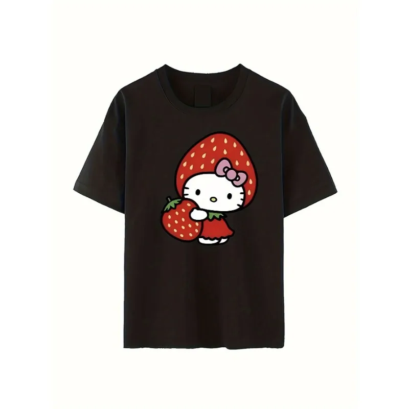 

Ladies Hello Kitty Printed T-shirt Pure Cotton Round Neck Casual Fashion Round Neck Top Cute Anime Pattern Loose Women's T-shirt