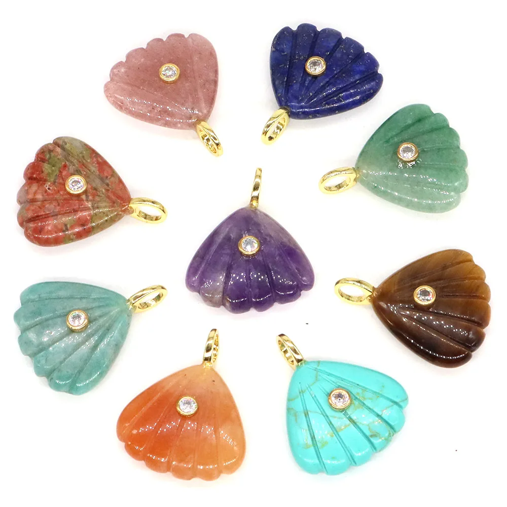 22mm Scallop Shape Gemstone with Zircon Natural Stones Reiki Healing Crystal Amethyst Rose Quartz for Jewelry Making DIY Pendant