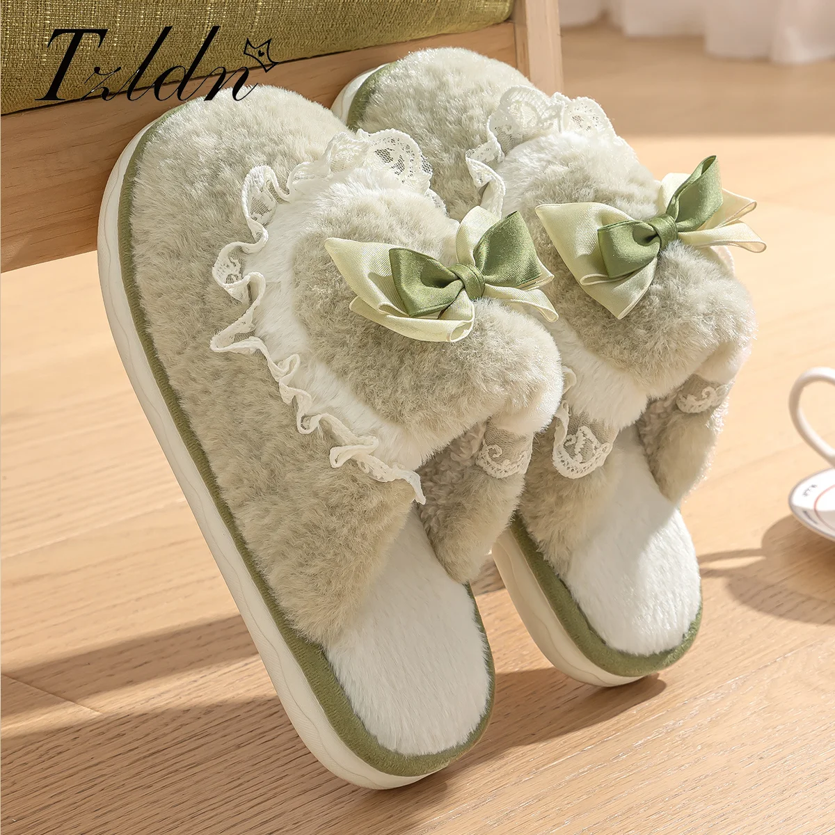 TZLDN Winter Warme Fellpantoffeln für Damen, Niedliche Schleife, Rutschfeste Weiche Hausschuhe, Komfortabler Flacher Absatz, Plüschpantoffeln für Zuhause, Schlafzimmer, Innenbereich