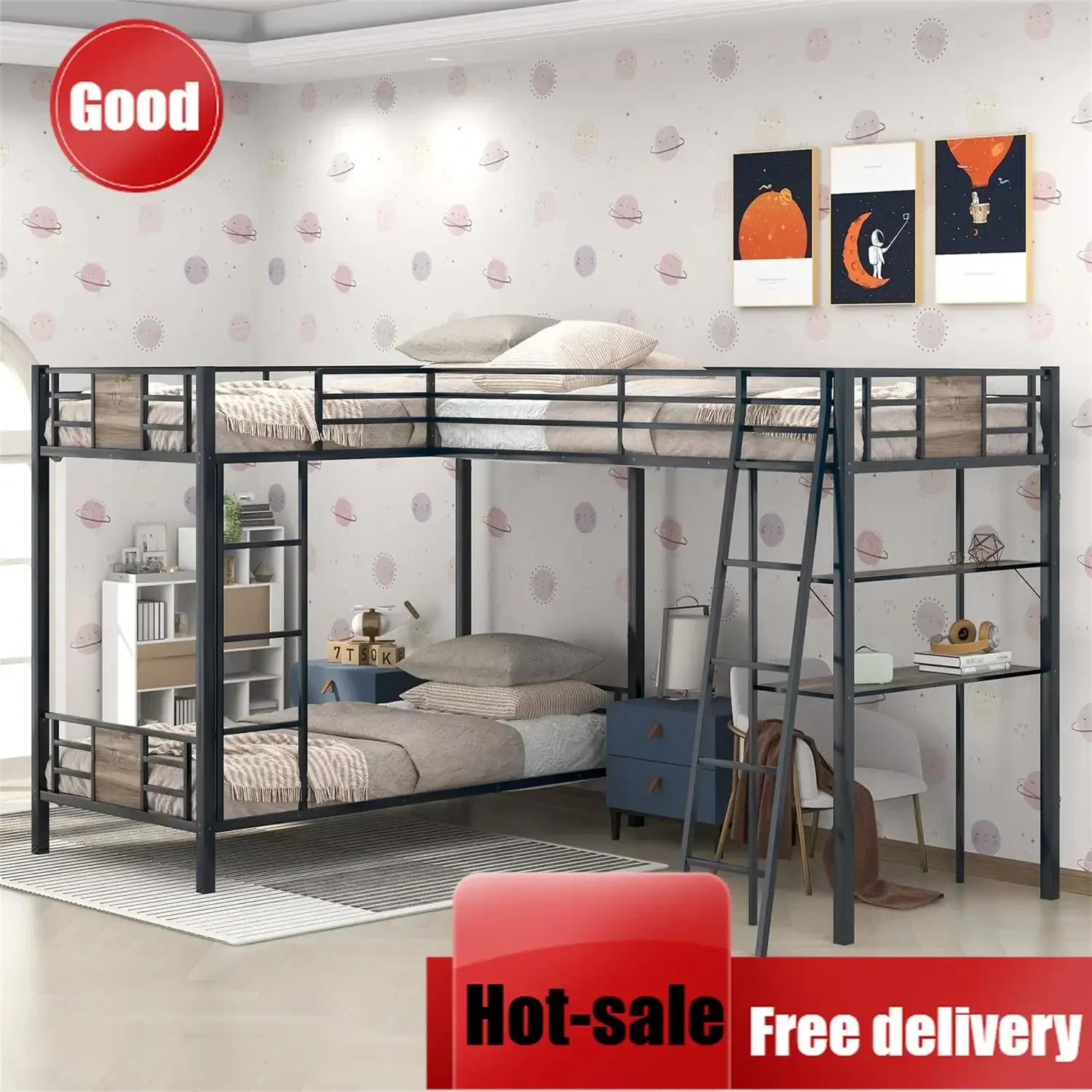 Triple Twin L Shape Metal Bunk Bed With Loft Desk Shelves For Kids Teens Boys Girls Dorm Brown