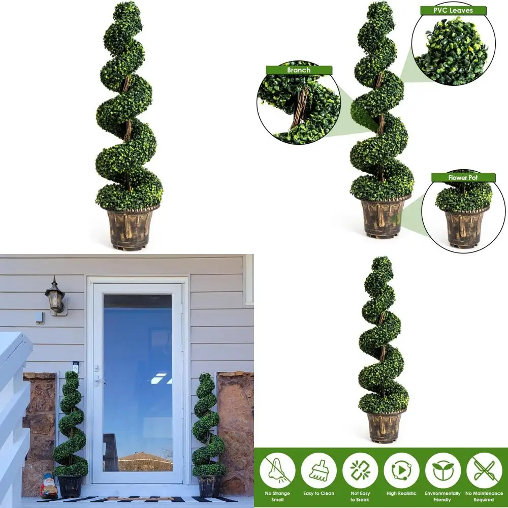 شجرة توبياري من خشب البقس الحلزوني الاصطناعي مع نباتات خضراء، وعاء بلاستيكي مملوء بالأسمنت، ديكور للمساحات الخارجية #1