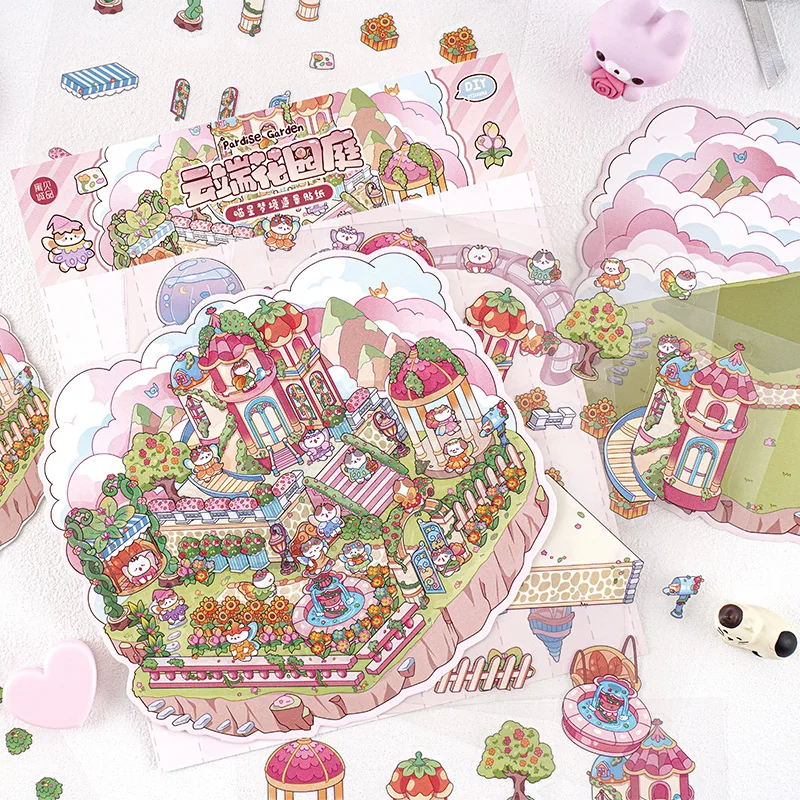 Card Lover 4 Pcs [Cat star Dream Series] Landscape Sticker Cartoon PET Sticker Material Scrapbook Kit Style Three-Dimensional 3D