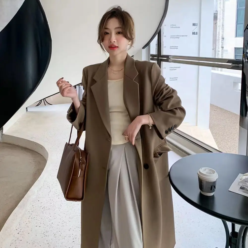 

2025 Spring and Autumn Korean Version of Long Suit Jacket for Women's Casual Suit Loose Temperament Over-knee Windbreaker Coat