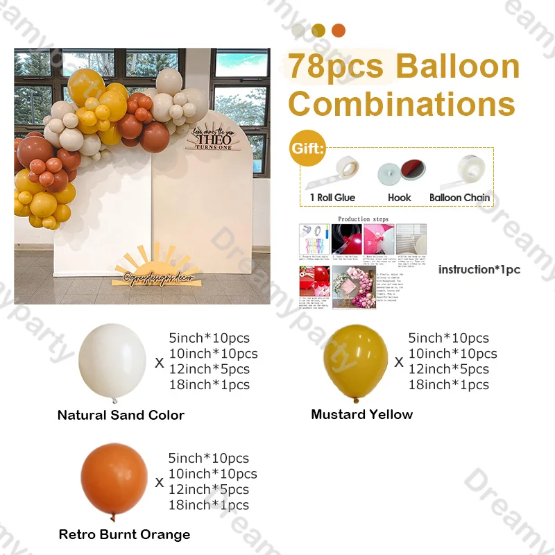 78pcs Sunset Themed Balloons Garland Retro Burnt Orange Yellow Balloon  Shower Gender Reveal Son Birthday Party Backdrop Decor