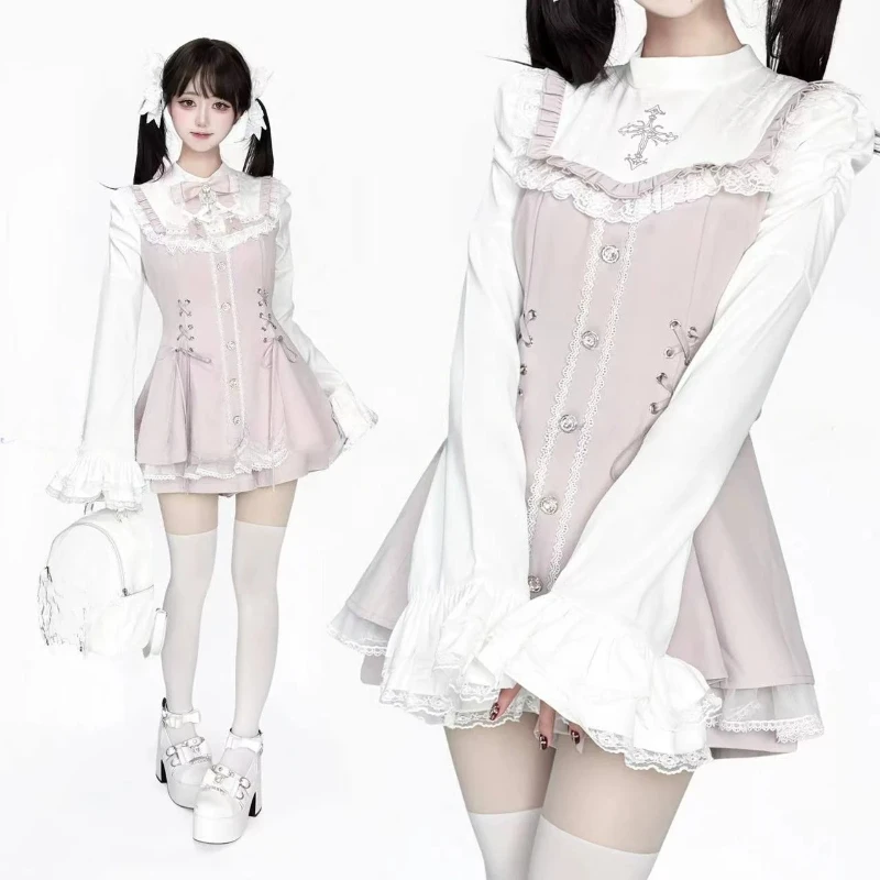 Conjunto de Vestido y Shorts Estilo Lolita Y2k con Moño, Camisa de Manga Abombada con Encaje y Botones, Vestido Gótico Japonés para Mujer, Mini Vestido Punk para Fiesta 6