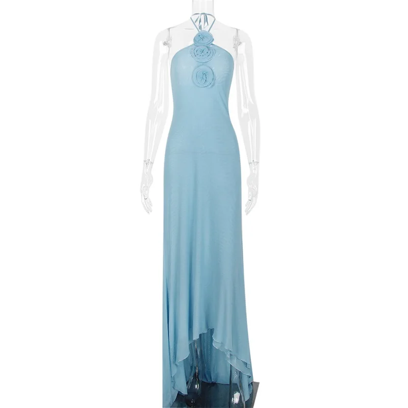 Zomer Blauwe Vrouwen Prom Dress 3d Bloem Sexy Halter Mouwloze Avondfeestjurk Enkellange Lange Schede Gewaden In Voorraad