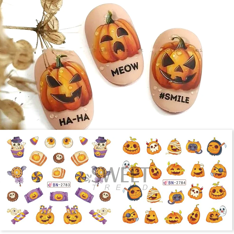 12pcs Cartoon Ghost Pumpkin Water Nail Sliders Magic Night Bat Eyeball Candy Pattern Decals Halloween Festival Manicure Stickers