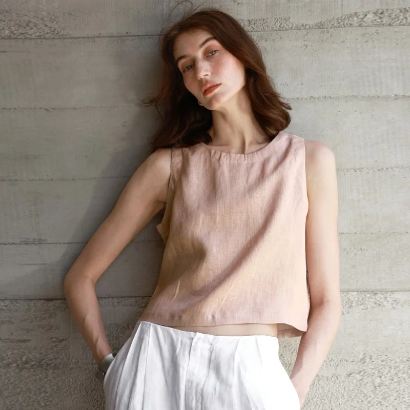 Chic Front And Back Two Wear Women Linen Tank Top 2026 Summer New Casual Short Loose 100% Linen Sleeveless Crop Tops