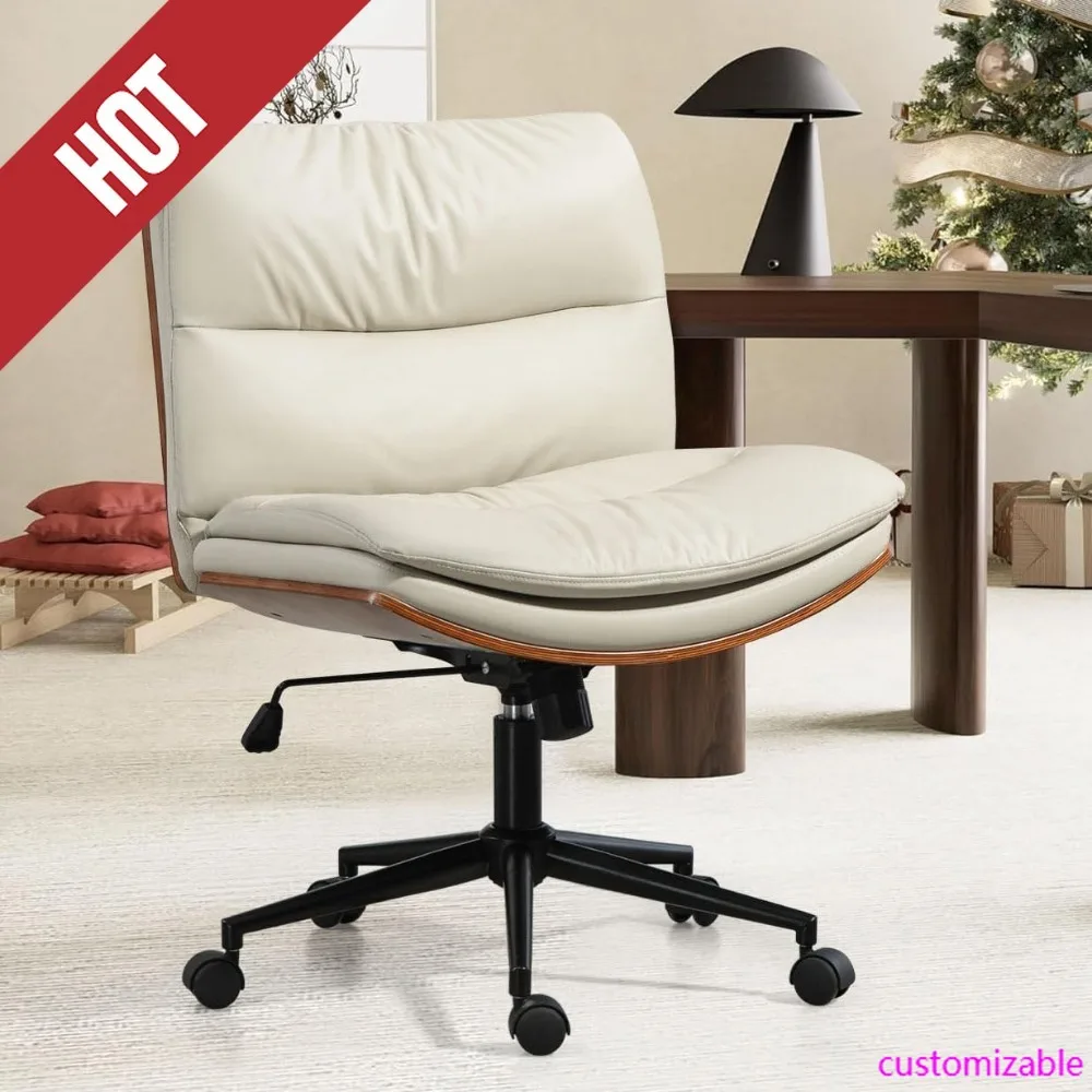 

ГОРЯЧИЙ современный офисный стул из орехового дерева без подлокотников с колесами, регулируемый широкий поворотный рабочий стул из искусственной кожи, эргономичный стул на перекрестных ножках