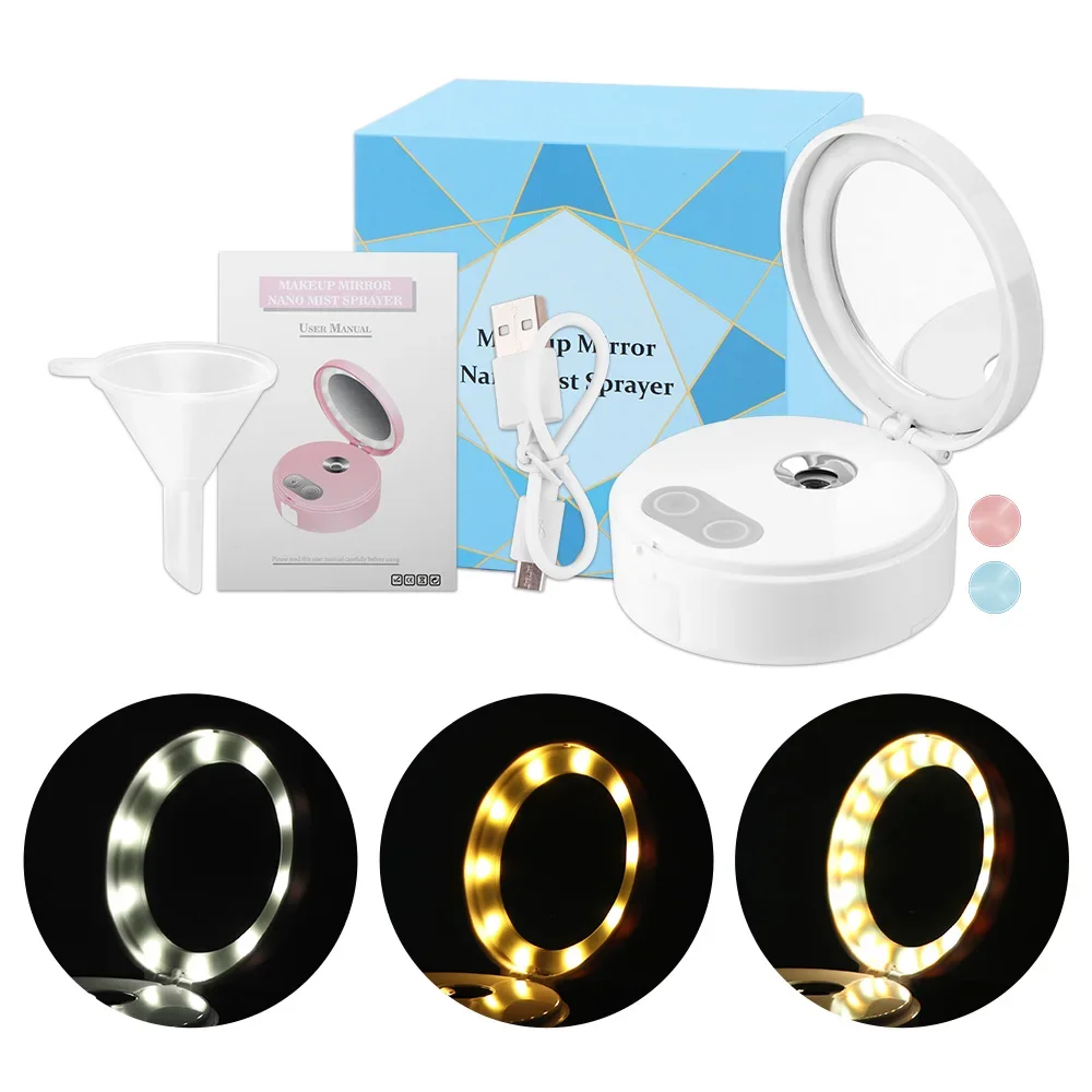 Mirror with Light Facial Steamer Portable Mini Face Steamer Nano Spray Electronic Evaporator Spa Facial Vaporizer Power Bank USB