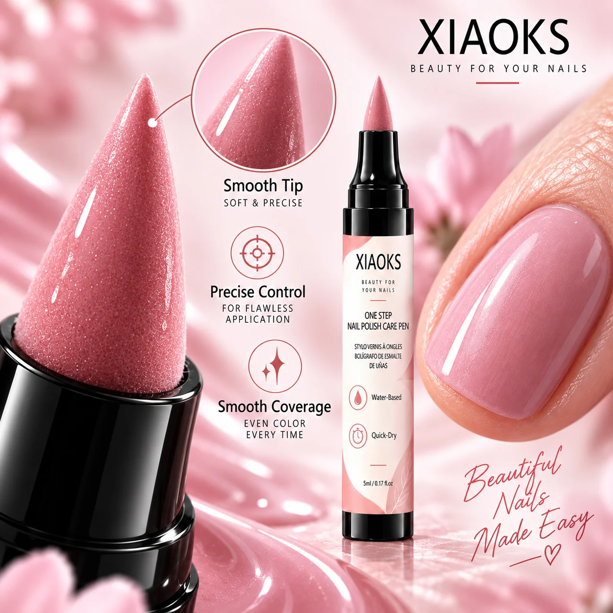 Xiaoks Rose Nude Pink One-Step Nail Art Pen, Made with Finely Pigmented Pearlescent and Wear-Resistant Powder Materials Imported from Germany, Features a Low-Odor, No-Bake Formula, with a Soft Rose Nude Pink Shade That Suits All Skin Tones. the Nail Polish Is Waterproof and Resists Daily Friction, and Does Not Easily Peel Off at the Edges. It Provides a Clear Nude Shade When Applied Thinly and a Soft, Full Color When Applied Thickly, Making It Suitable for Beginners to Use at Home or for Everyday DIY Nail Art
