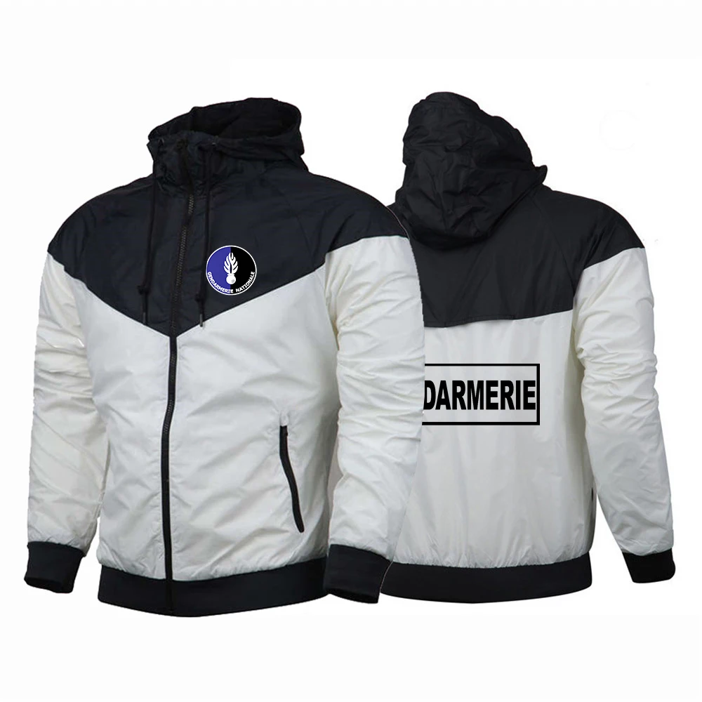 2025 Spring Autumn French Gendarmerie Logo Printed Patchwork Solid Color Casual Coat Men's Popular Thin Breathable Hooded Jacket