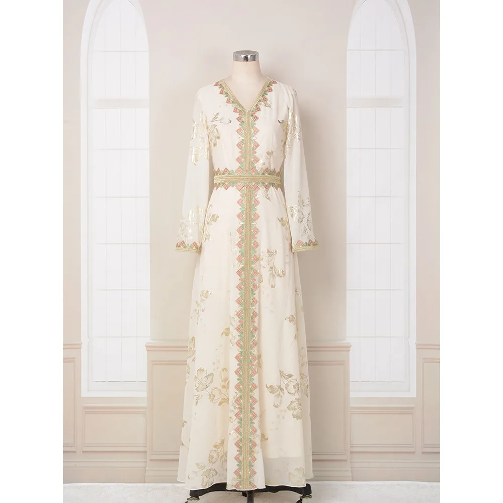 Muslim Party Dress for Women Gold Print Embroidery Belted Lace Gown Ramadan Dubai Elegant Wedding Abaya Fashion Islamic Clothing