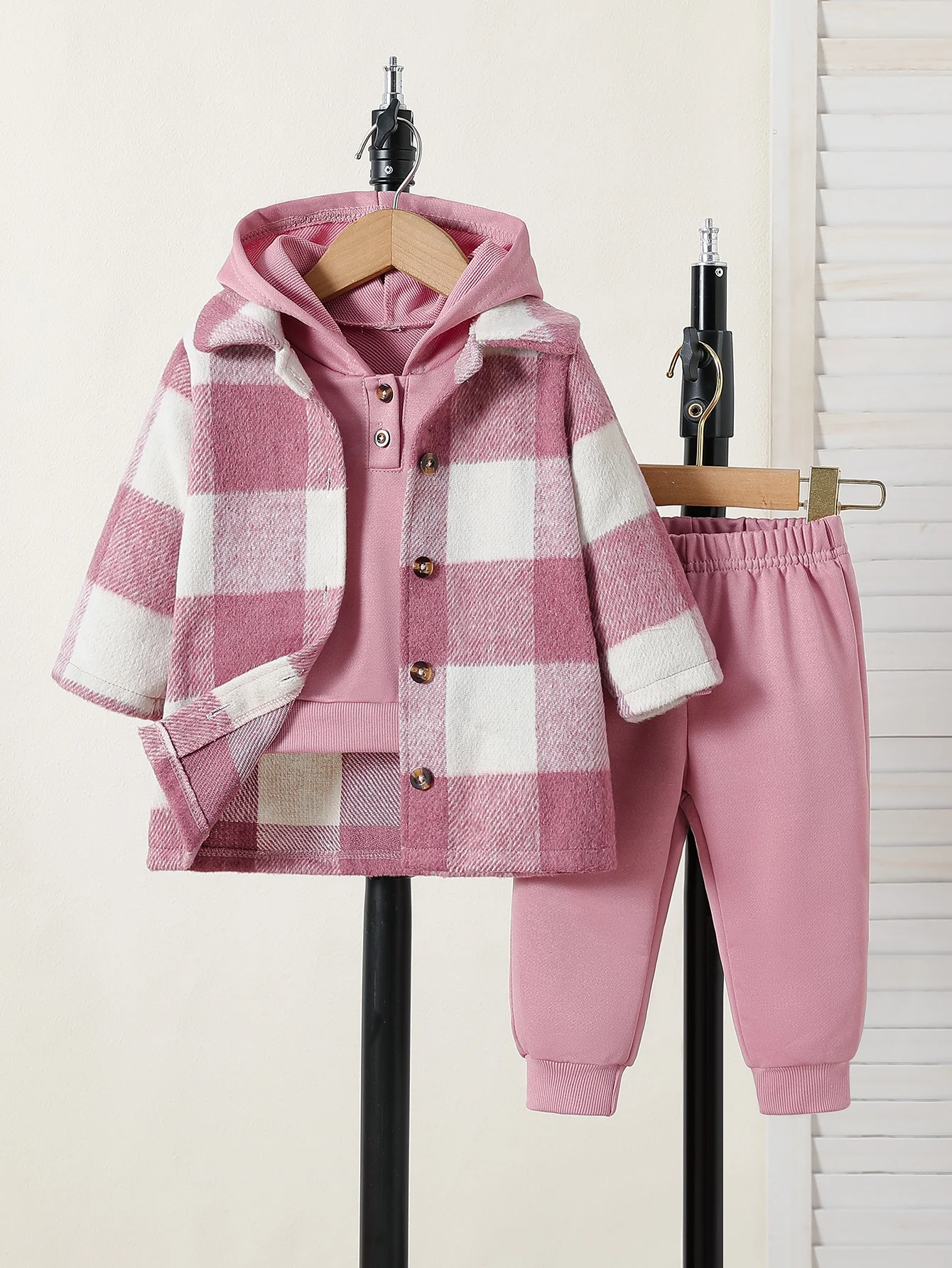 Baby girl autumn outfit sweet pink white plaid jacket hooded sweatshirt long pants three piece set daily street wear