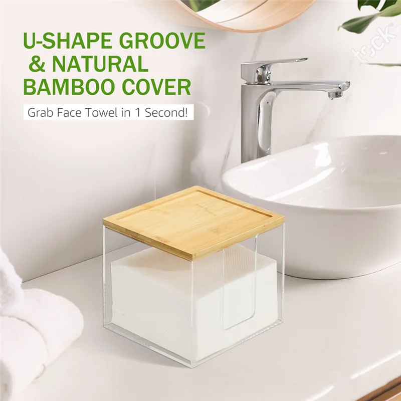 

B84B-For XL Clean Skin Club Acrylic Facial Container With Bamboo Lid, Disposable Face Towel Holder Box, Large Storage Included