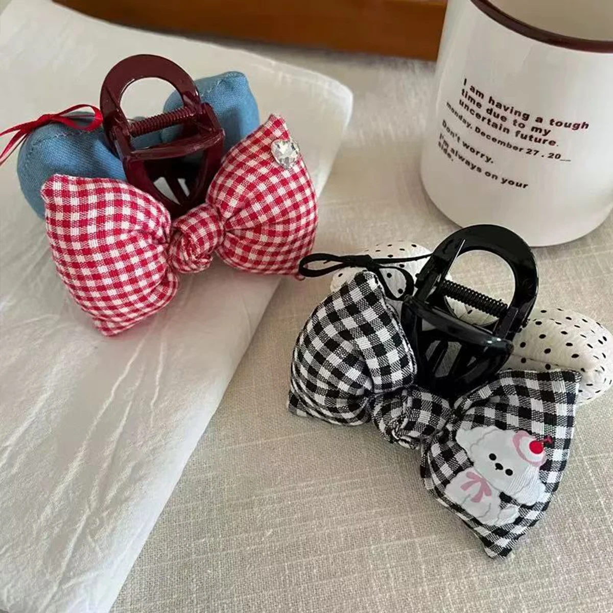 1pc Japanese cute and sweet plaid denim polka dot bow grab clip, design contrast color cotton hair grab headwear girl shark clip