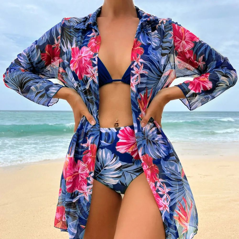 Tropical Print Three Pieces Bikini for Women 2023 New High Waist Swimsuit Cover Up Swimwear Brazilian Biquini Bathing Suit