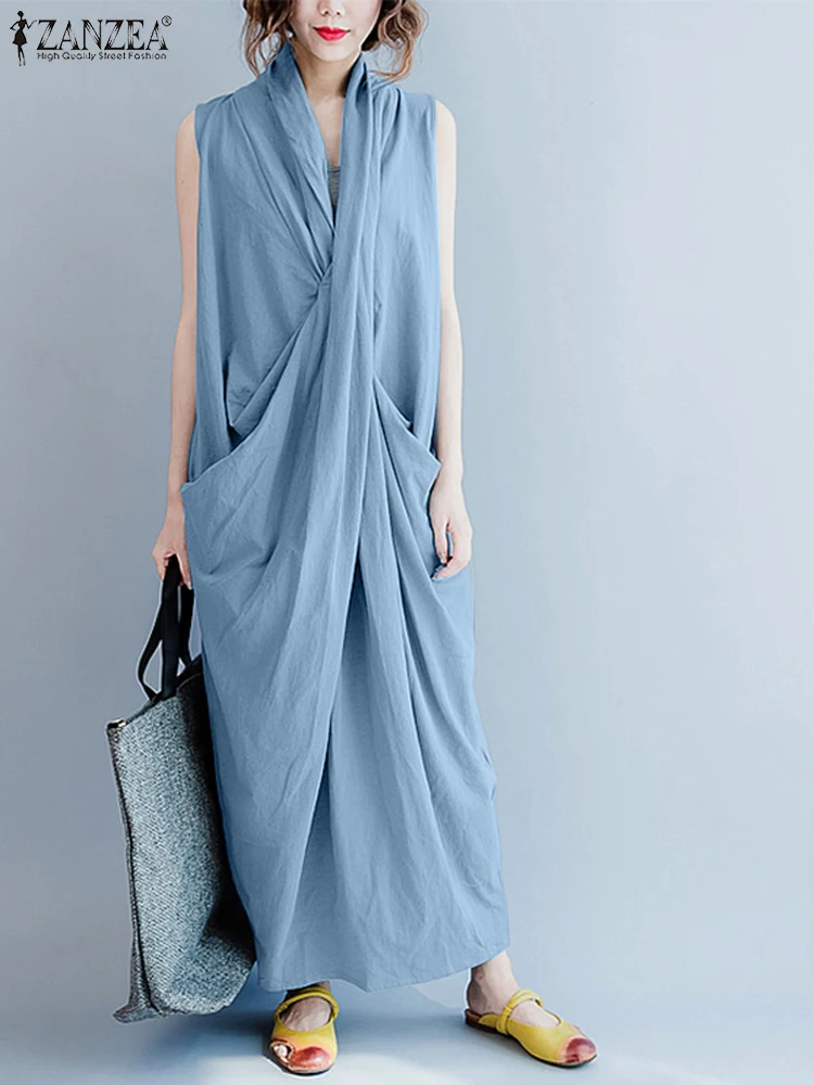 

ZANZEA большие размеры женские витые драпированные платья макси летние повседневные халаты из искусственного шелка без рукавов с v-образным вырезом Femme свободные однотонные платья 5XL