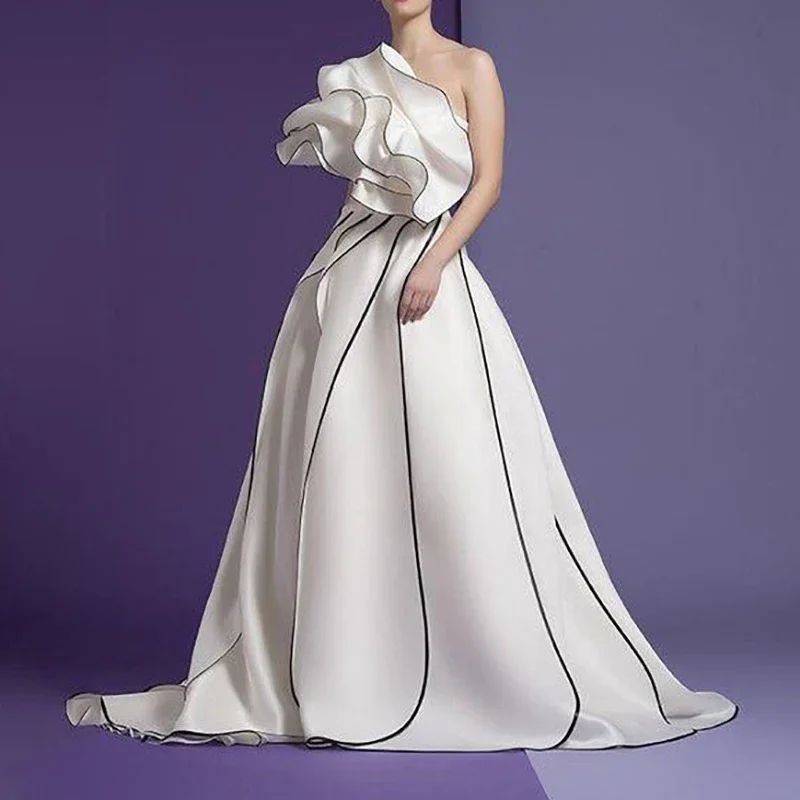 

Elegant A-Line Long Prom Dresses for Women One Shoulder Floor-Length Ruffles Evening Party Special Events Wedding Guest Dress