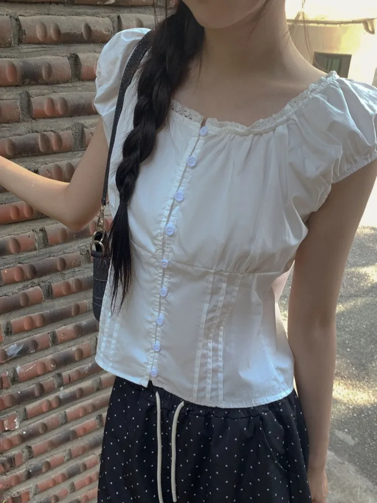 

Chic ort Sve irt Women's Summer New Small Size Single Button Lace Patchwork Design Sensation Ele Top