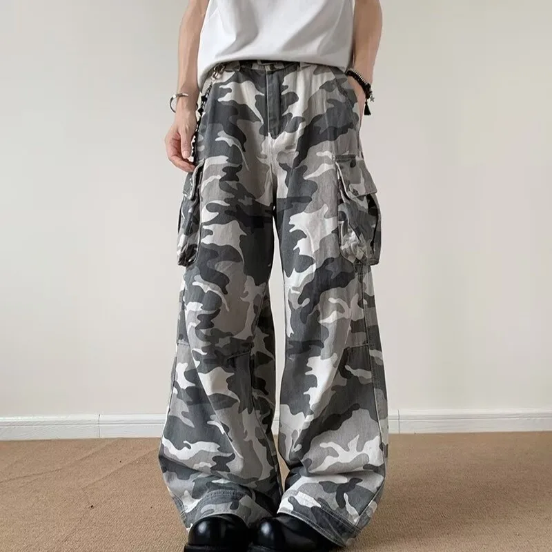 American Washed Camouflage Workwear Jeans Men Women Street Style Loose Wide Leg Multi Big Pockets Summer Casual Denim Trousers