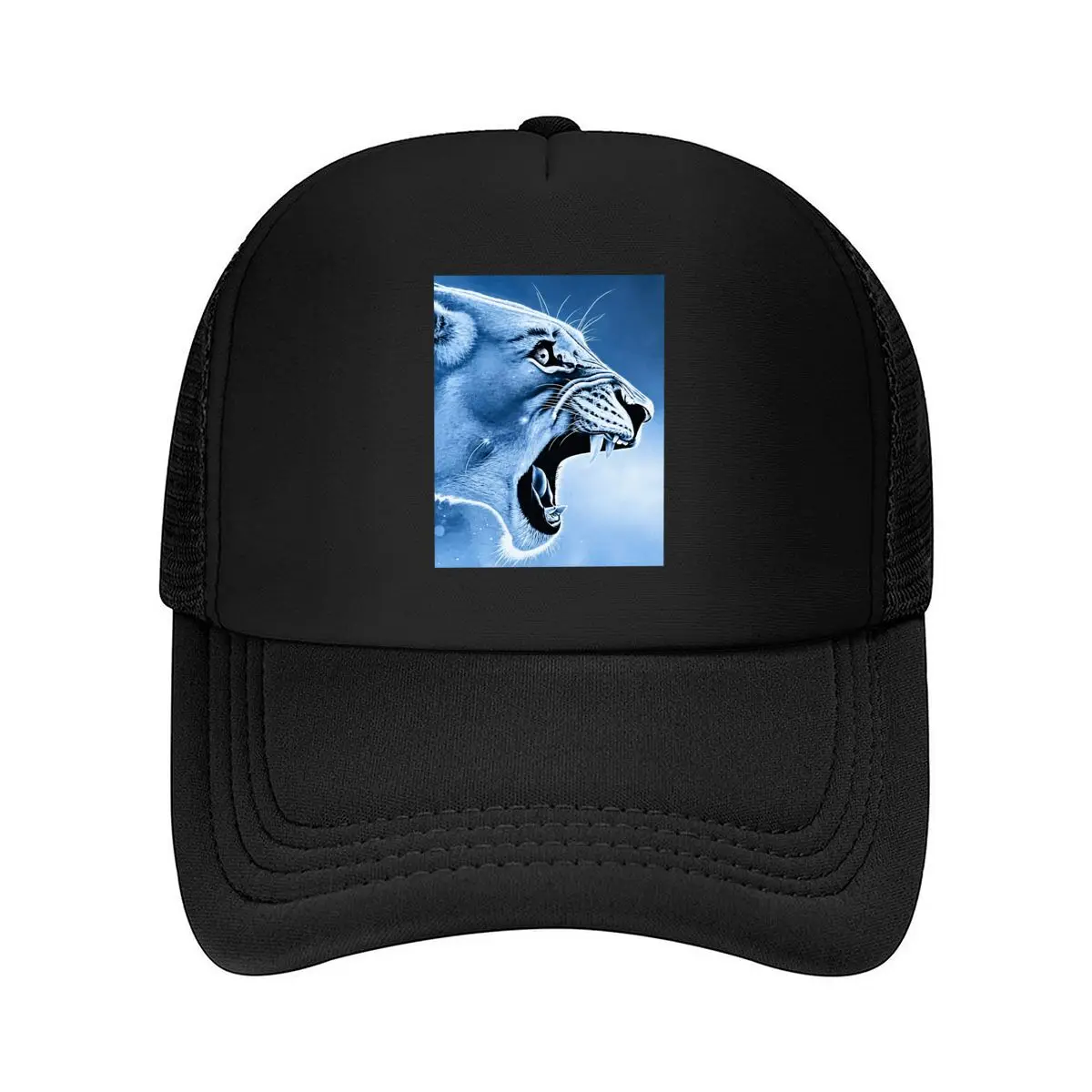 Blue Fierce Lion Face With Sharp Fangs Portrait Mesh Baseball Cap Hip Hop
