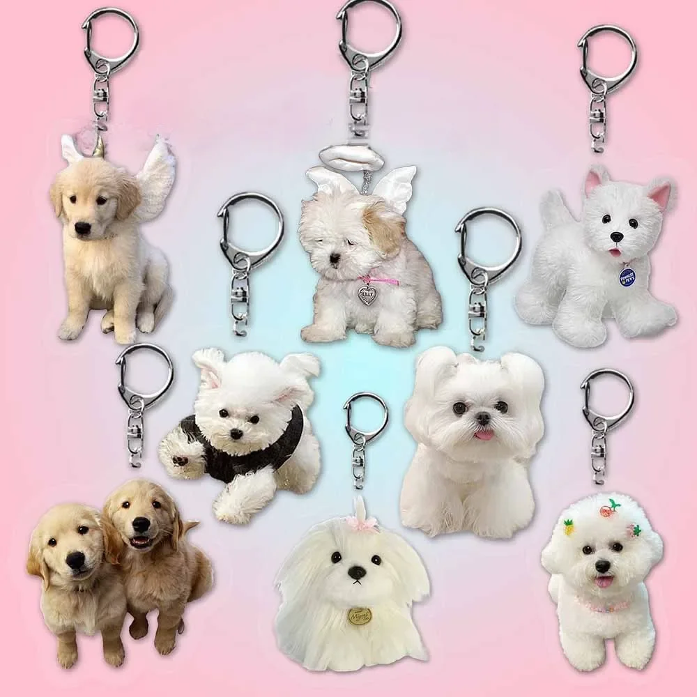 Cute Bichon Frise Acrylic Keychains Pendant Versatile Charm White Puppy Keychain for Car Mirror Bag Home Festive Party Decor