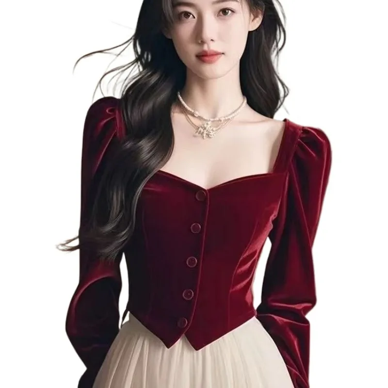 

New Hepburn Style Commuting French Vintage Velvet Blouse Women's New Square Collar Slimming Classic Design Shirt Vintage Blouse