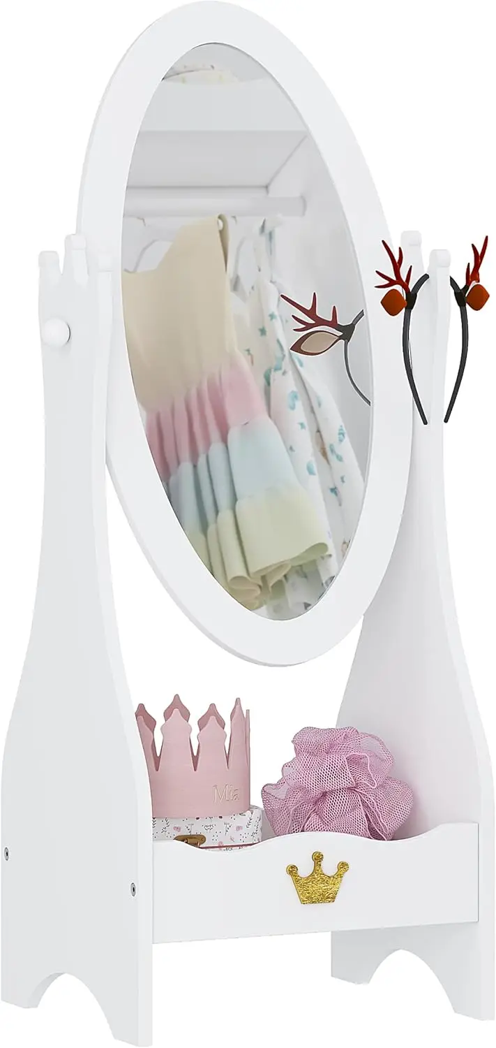 

Adjustable Full-Length Kids Dressing Mirror with Storage, White Wooden Design for Ages 3-7