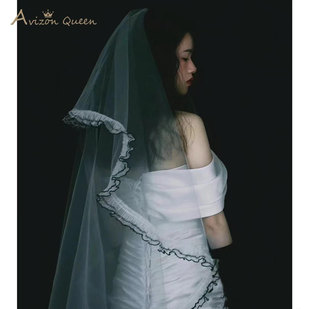 Velo de novia de doble capa con borde de encaje plisado, serie negra oscura, velo de novia negro abiti da sposa recuerdos de boda