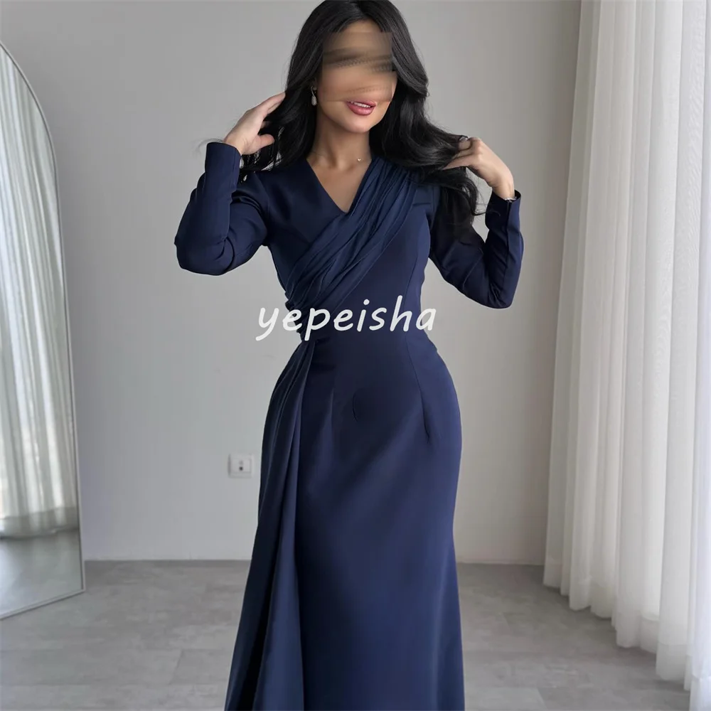 Gaun Panjang Kerah V Lurus Terbungkus Lipatan Jersey Elegan Indah Yang Disesuaikan Gaun Acara Sesuai Pesanan Kualitas Tinggi Elegan Seksi