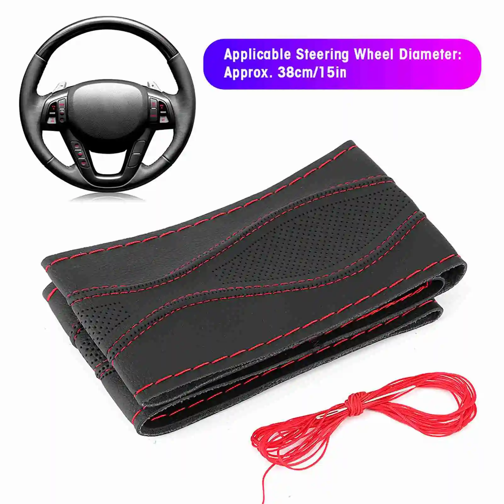 ZK20 38cm/15in Leather Steering Wheel Wrap Cover Hand Stitching Embossing with Needle and Thread UniversalBlack Red