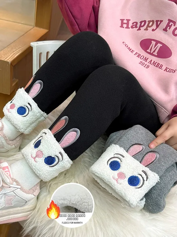 

Утепленные хлопковые брюки для девочек на осень-зиму с мультяшным принтом кролика, повседневные, с высокой талией, длинные, модные детские штаны