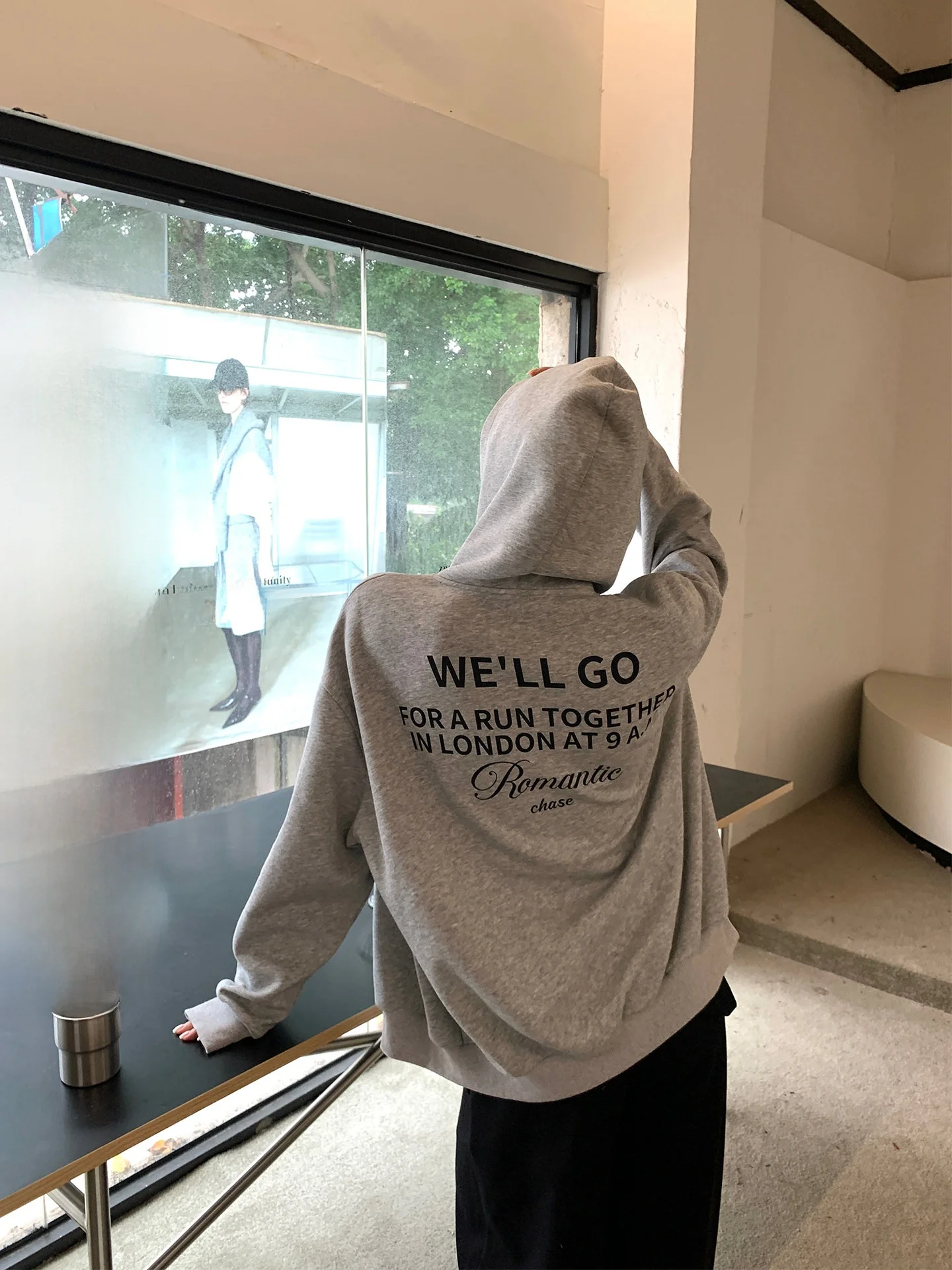 Gray Letter Print Hoodie Jacket Women's Casual Loose Commute Style Long Sleeve Zipper Closure Comfortable Sweatshirt Top