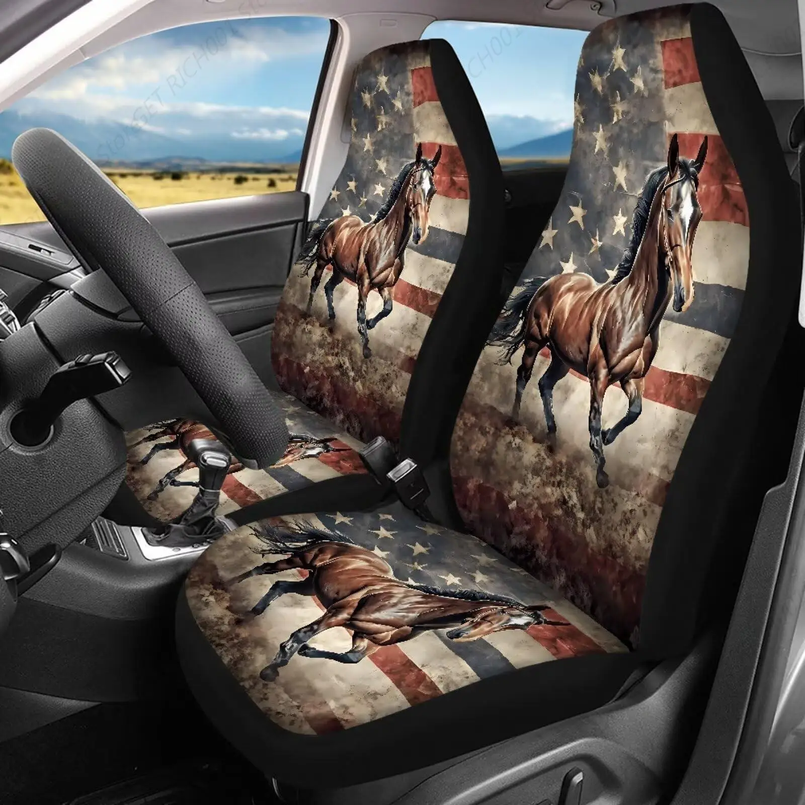 Modello cavallo bandiera americana 2 confezioni di coprisedili per auto, accessori per auto che non sbiadiscono Sedili anteriori per auto resistenti all'usura
