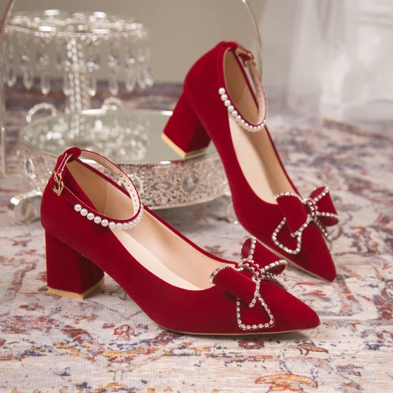 Red Crystal Wedding Pumps Women Pointed Toe Rhinestone Bowtie Bride Shoes for Wedding 2024 Luxury Pearls Ankle Strap Pumps Woman