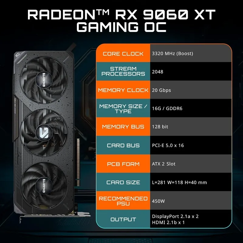 Scheda grafica Radeon RX 9060 XT Gaming OC 16G, PCIe 5.0, 16 GB GDDR6, GV-R9060XTGAMING Scheda video OC-16GD