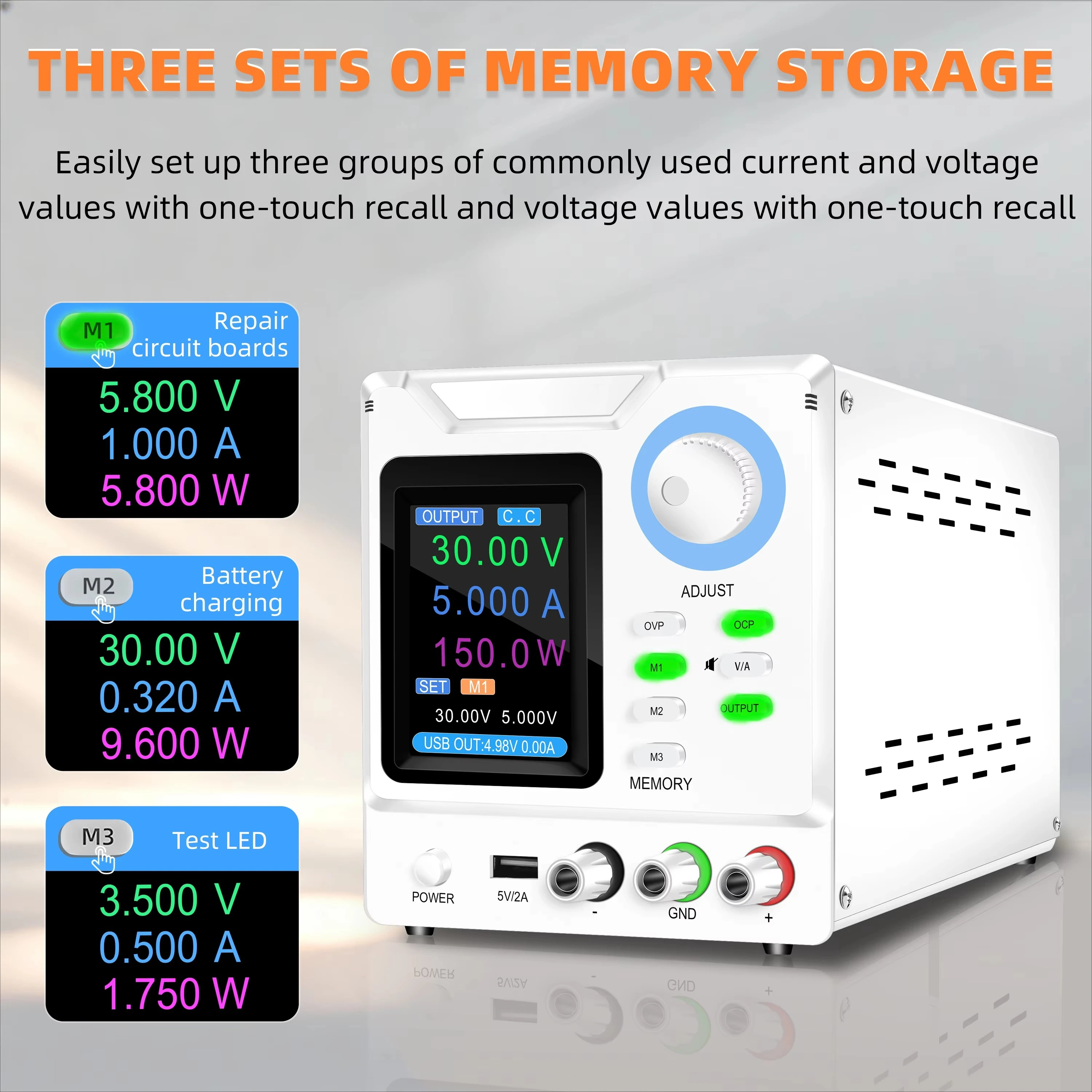 SPPS-D305S 150W 30V 5A Laboratory DC Power Supply with USB Output Display OCP/OVP for 12V 24V Universal Battery Charge