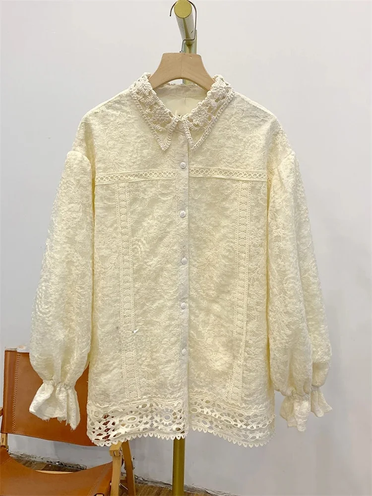 

Retro Unique Hollow out Lace Shirt Women's Casual Style Loose Fit Long Sleeve Collar Open Cardigan Style UV Protection